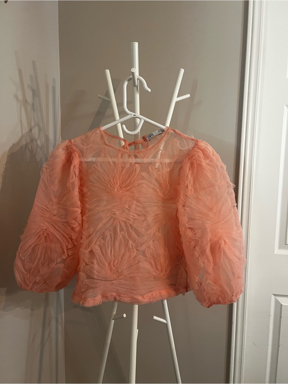 Zara Sheer Peach Puff-Sleeve Textured Blouse